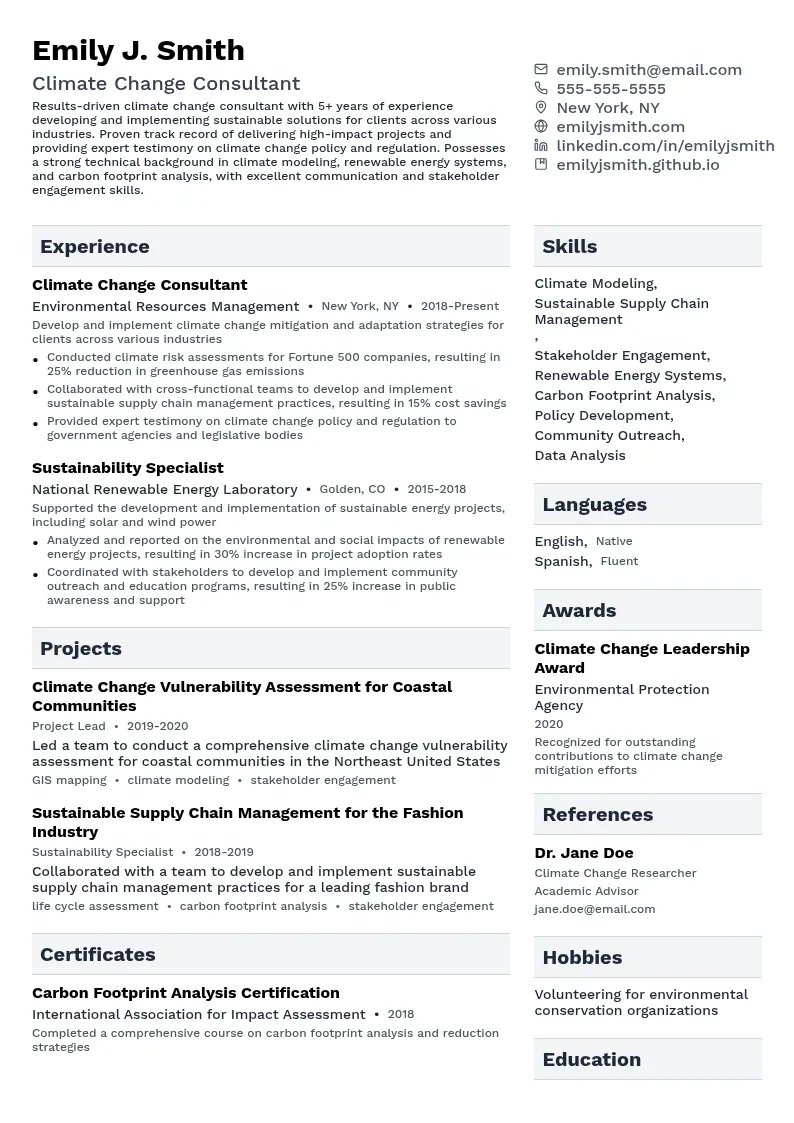 Climate Change Consultant resume example