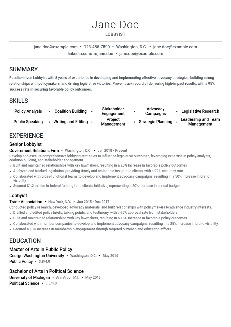 Lobbyist resume example