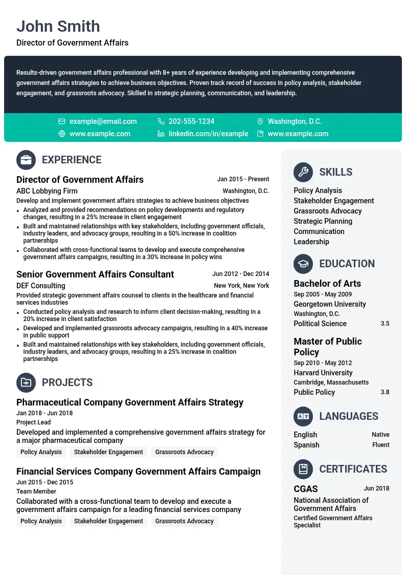 Director of Government Affairs resume example