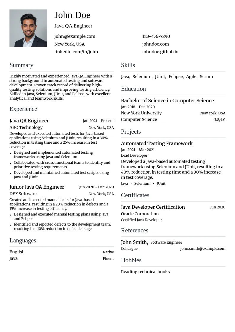 Java QA Engineer resume example