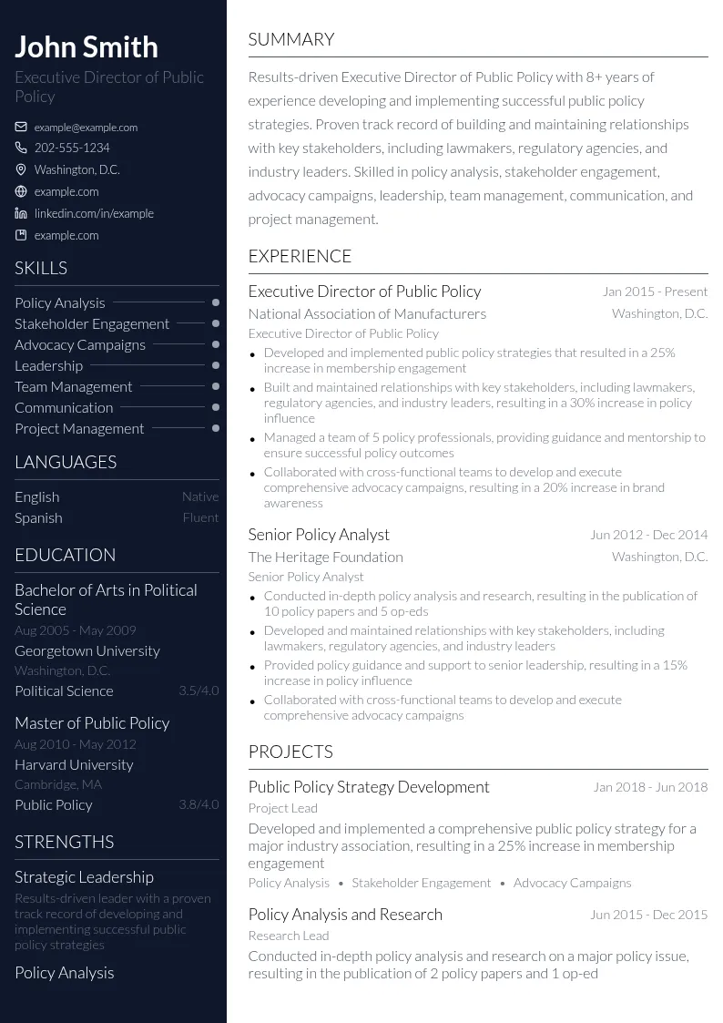 Executive Director of Public Policy resume example