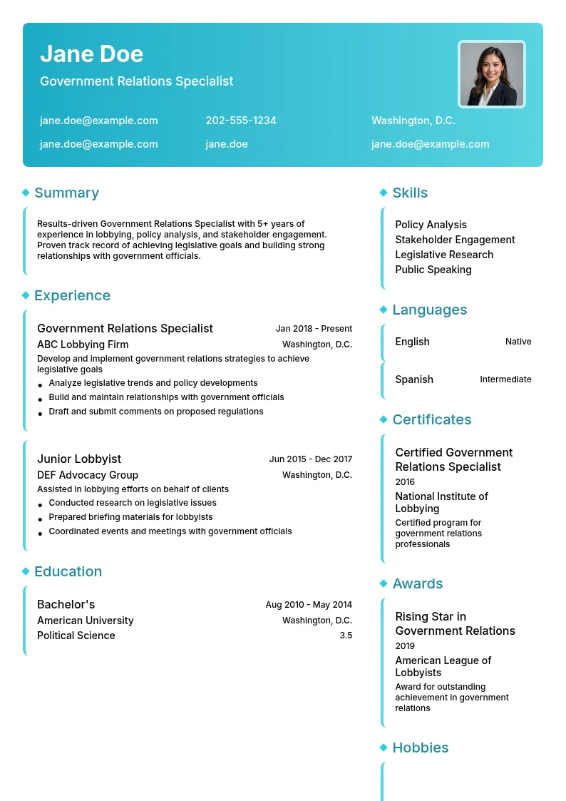 Government Relations Specialist resume example