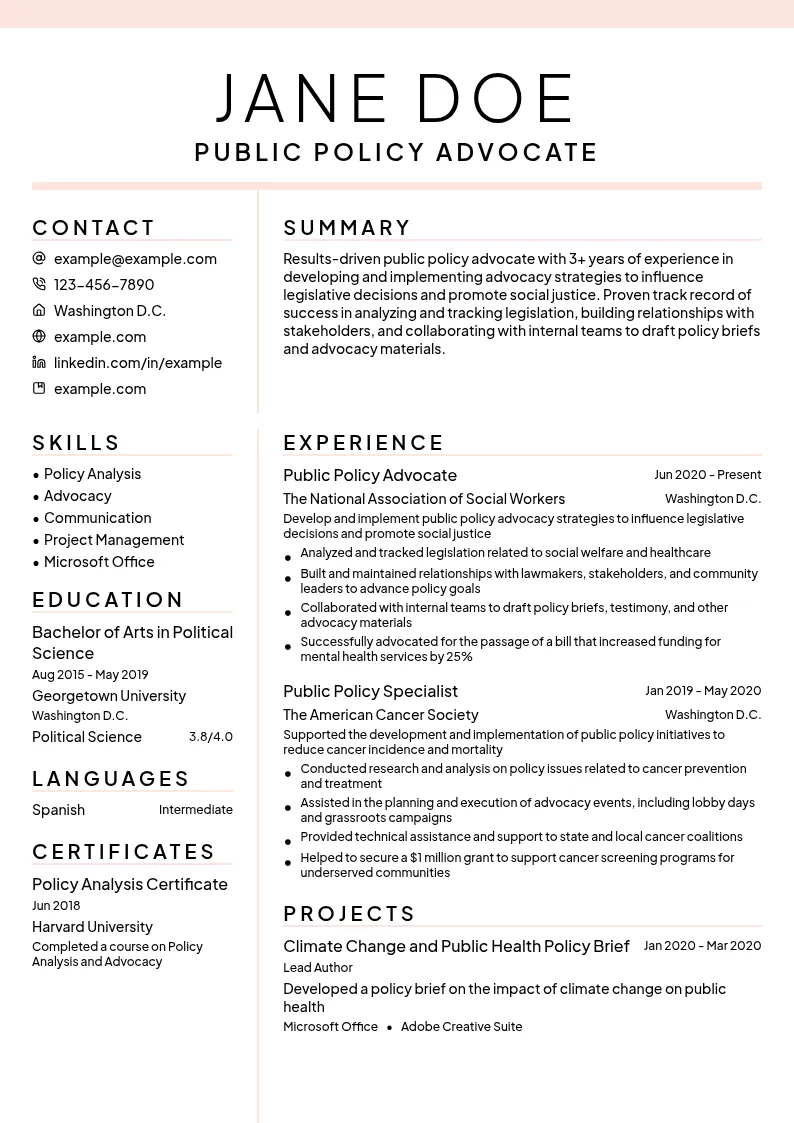 Public Policy Advocate resume example