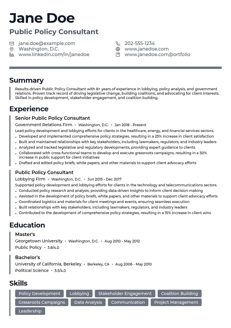 Public Policy Consultant resume example