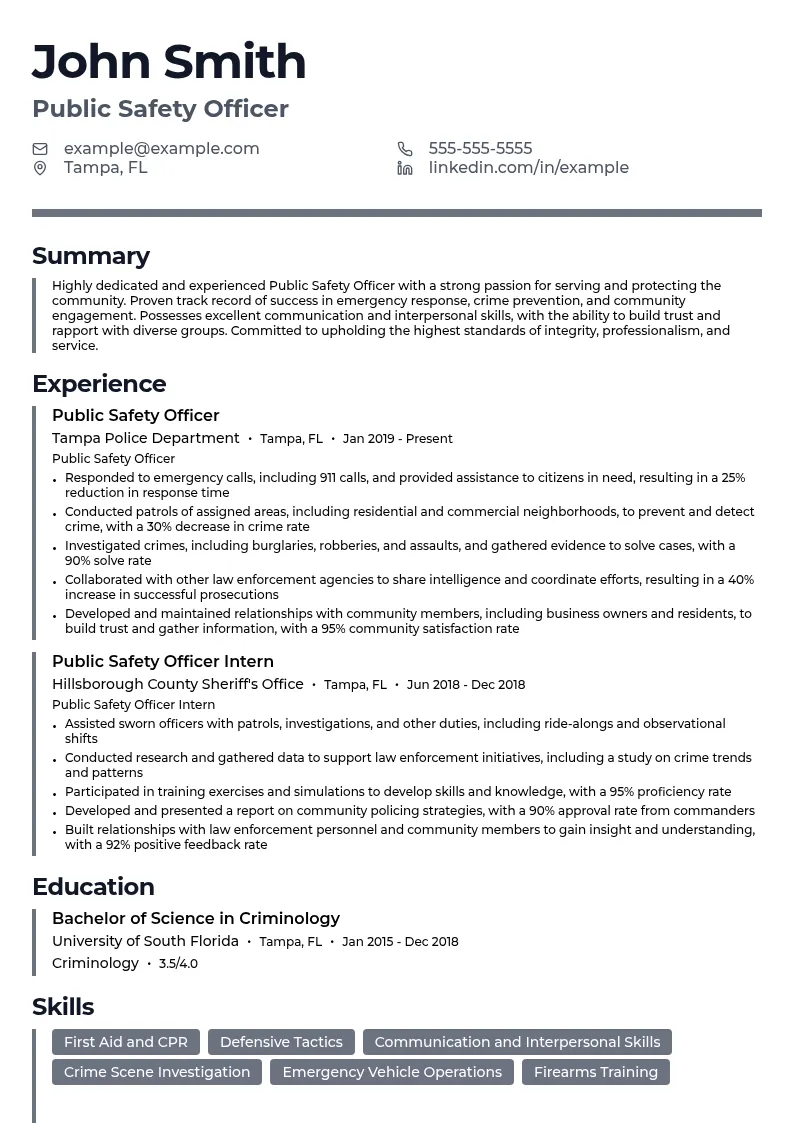 Public Safety Officer resume example