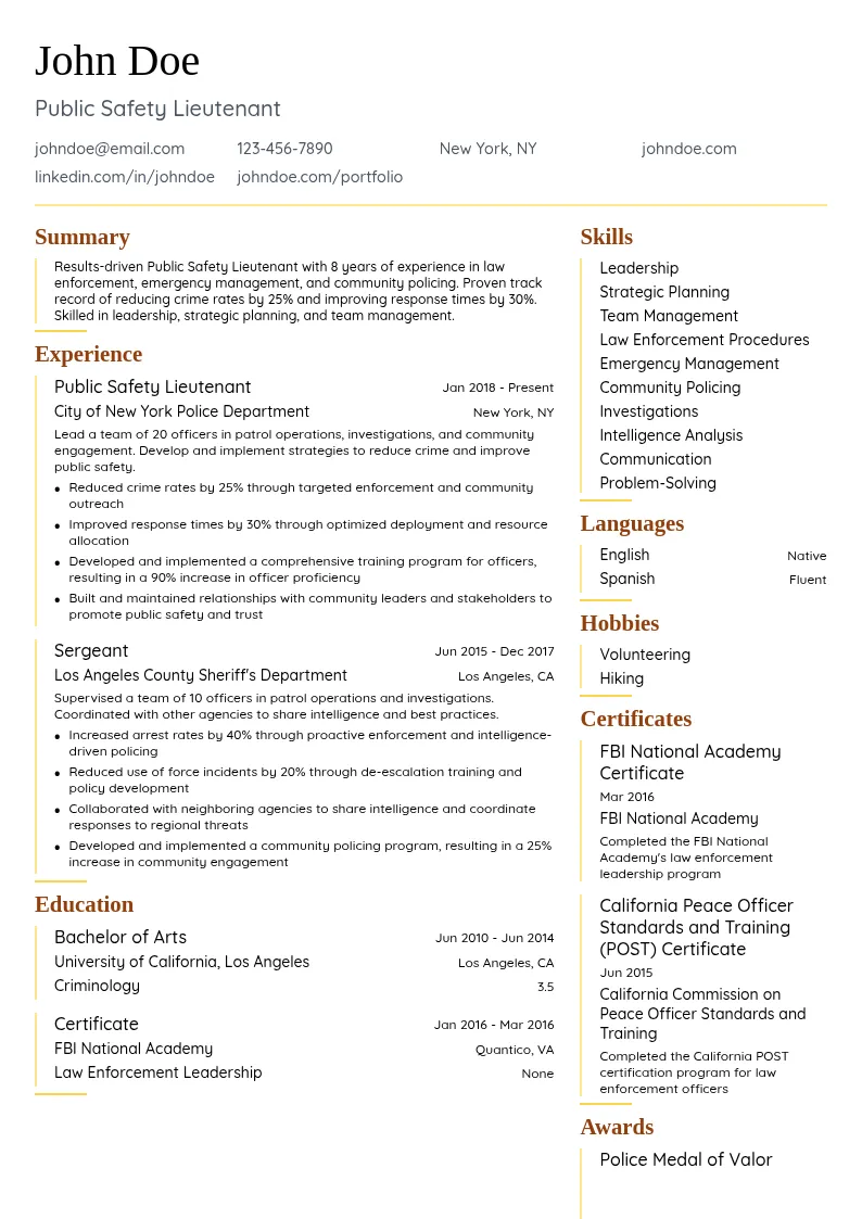Public Safety Lieutenant resume example