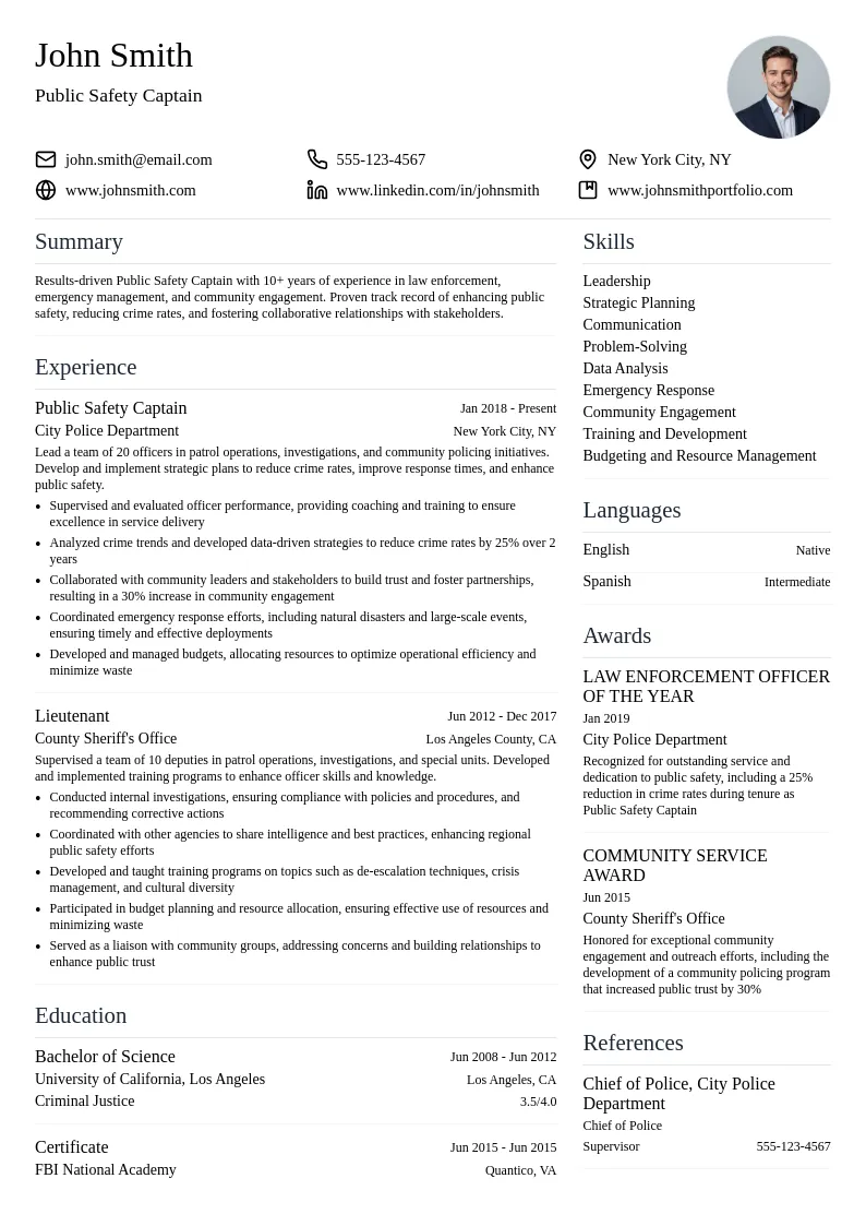 Public Safety Captain resume example