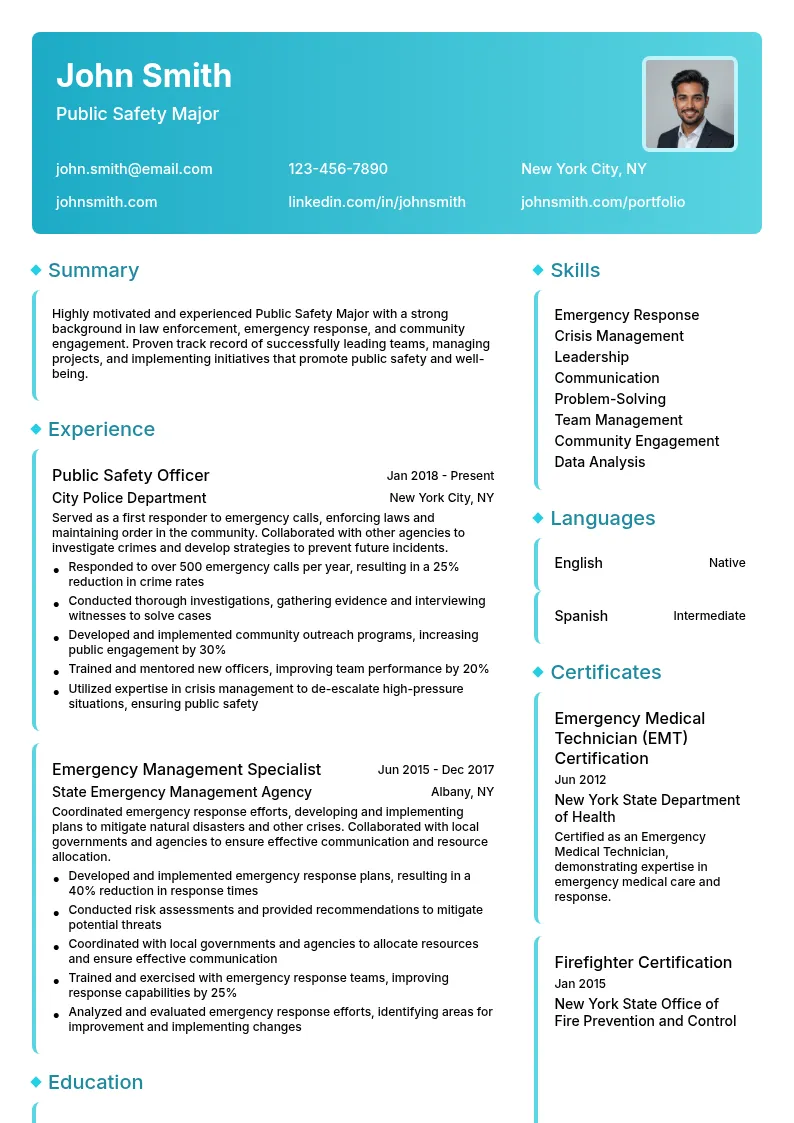 Public Safety Major resume example