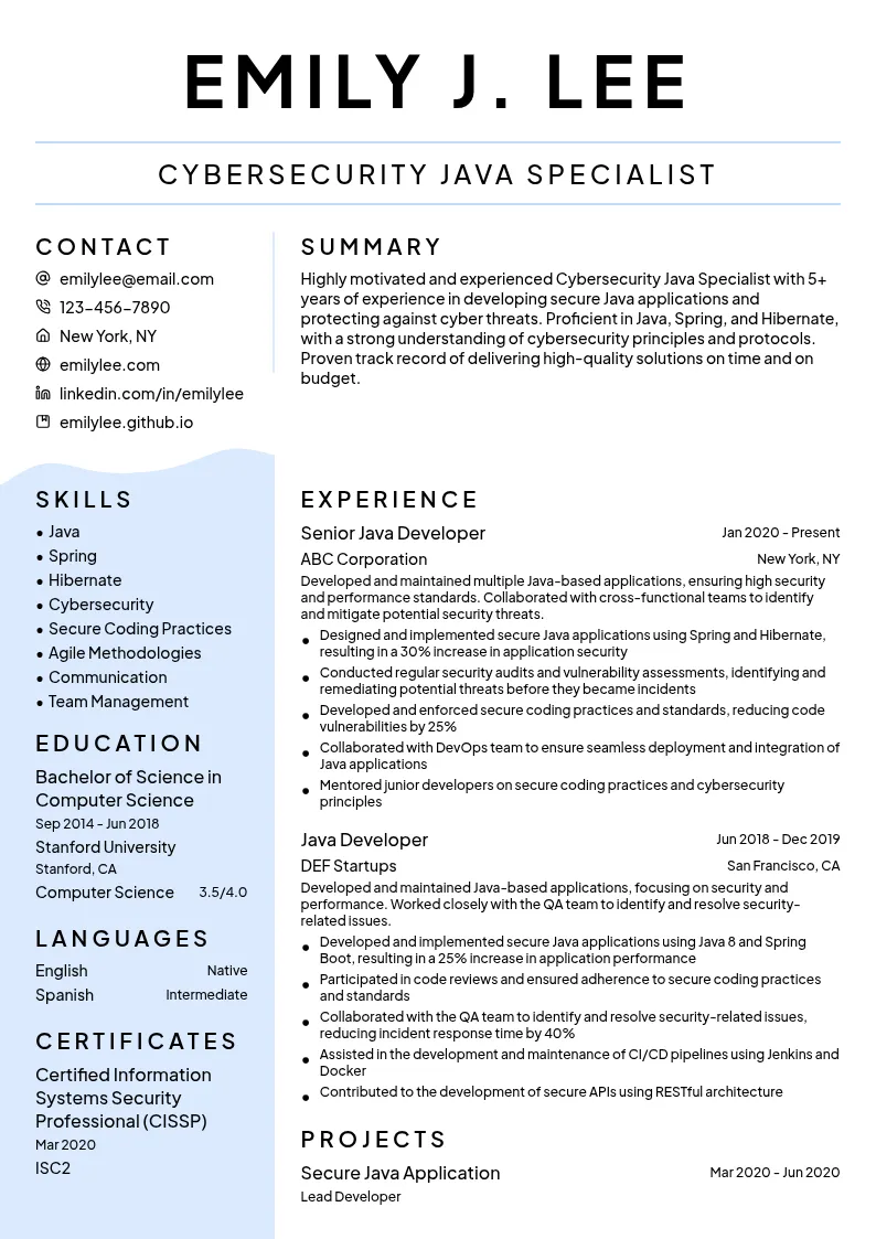 Cybersecurity Java Specialist resume example