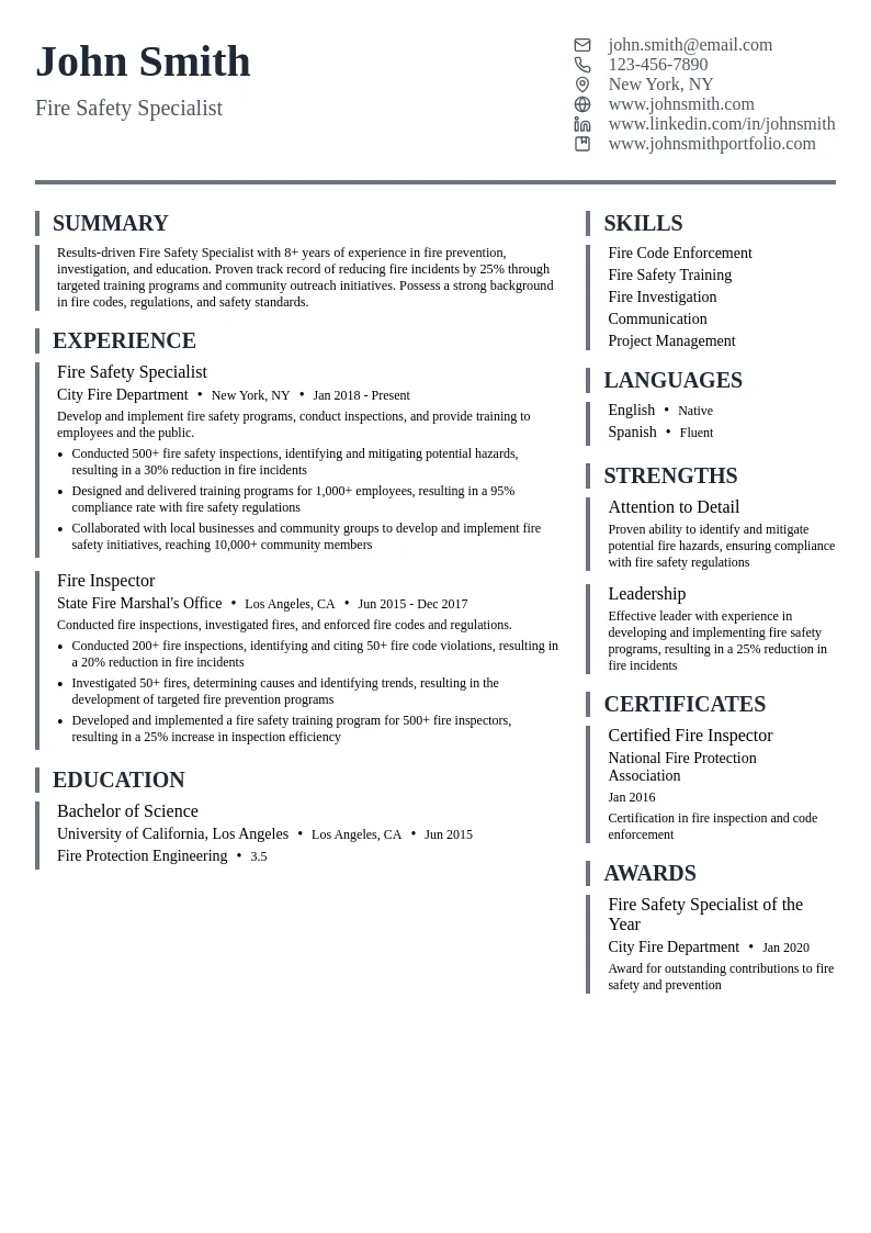 Fire Safety Specialist resume example