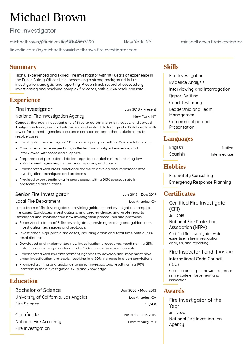 Fire Investigator resume example