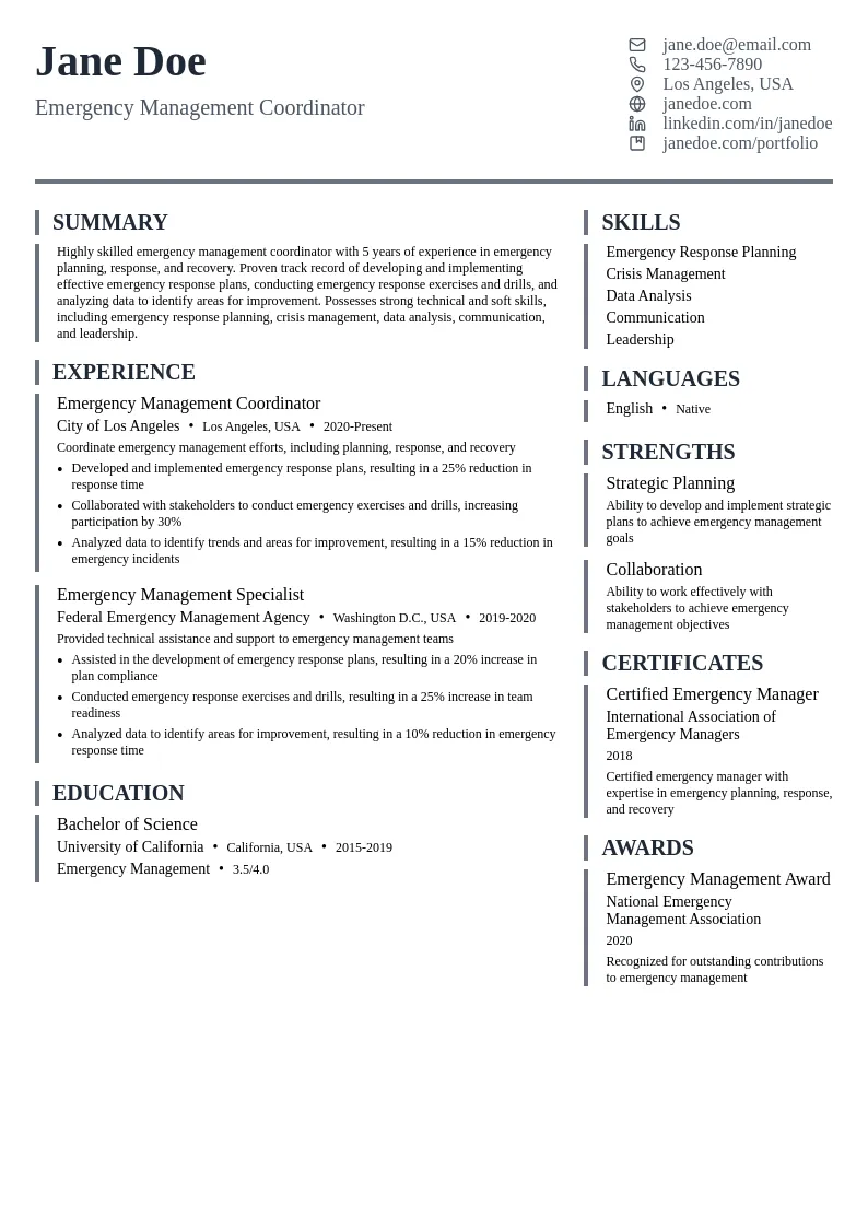 Emergency Management Coordinator resume example