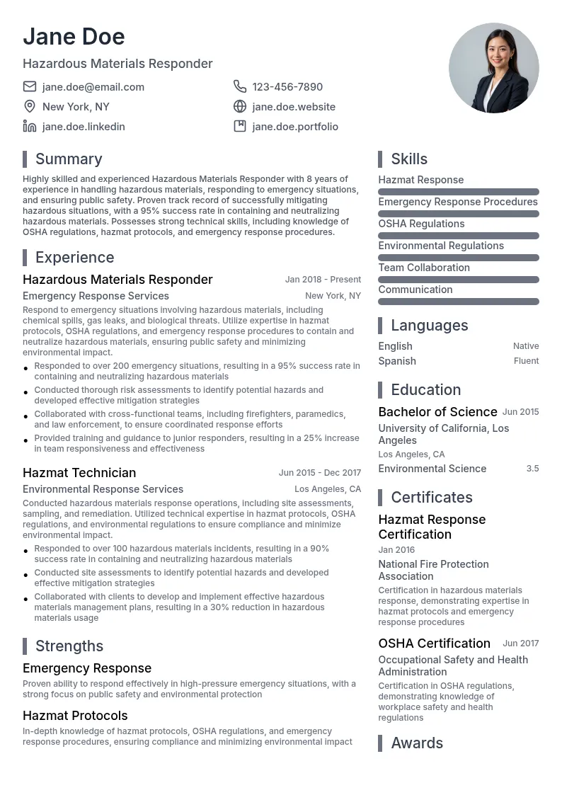 Hazardous Materials Responder resume example