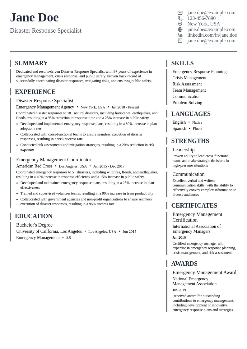 Disaster Response Specialist resume example