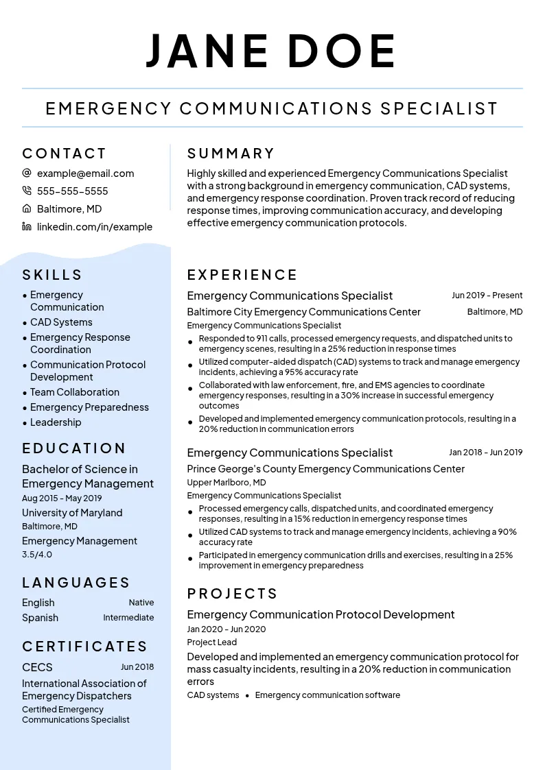 Emergency Communications Specialist resume example