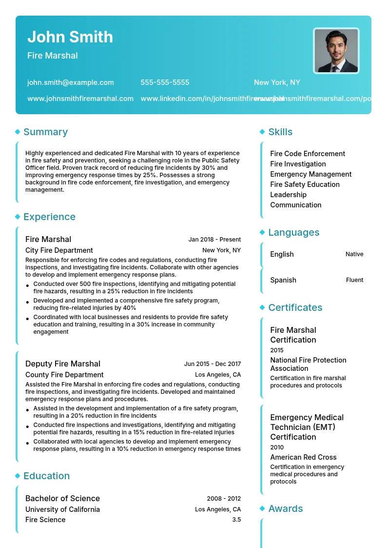 Fire Marshal resume example