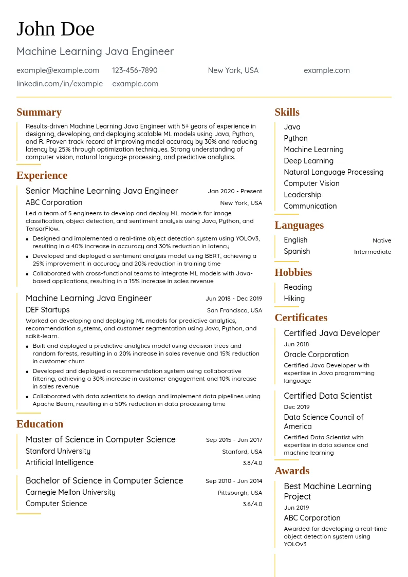 Machine Learning Java Engineer resume example