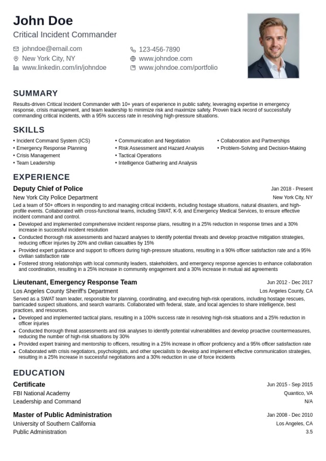 Critical Incident Commander resume example