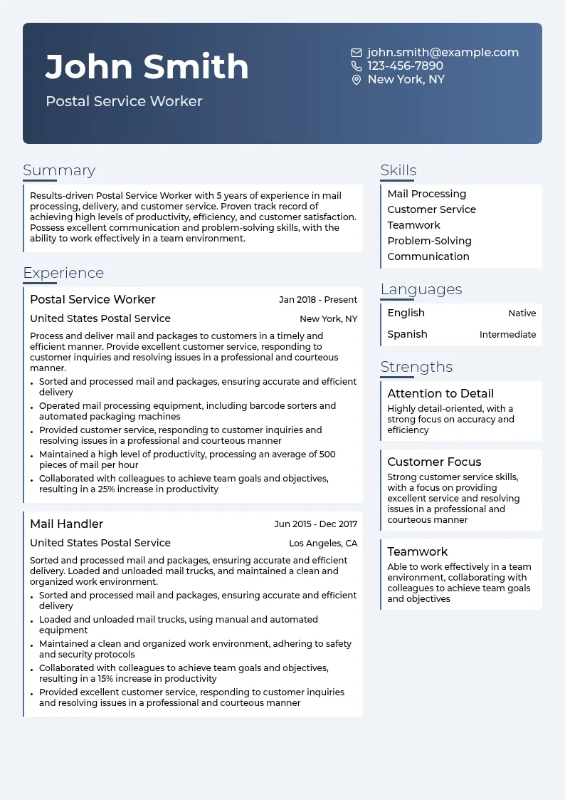 Postal Service Worker resume example
