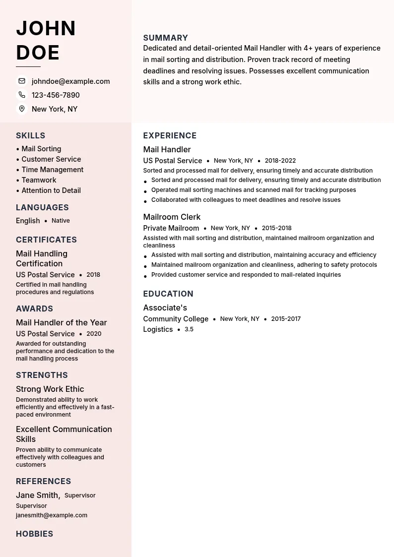 Mail Handler resume example