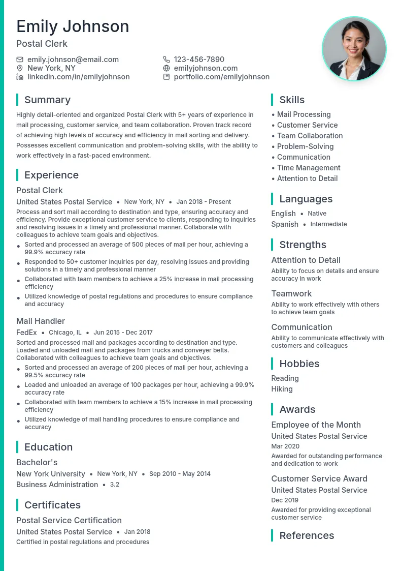 Postal Clerk resume example