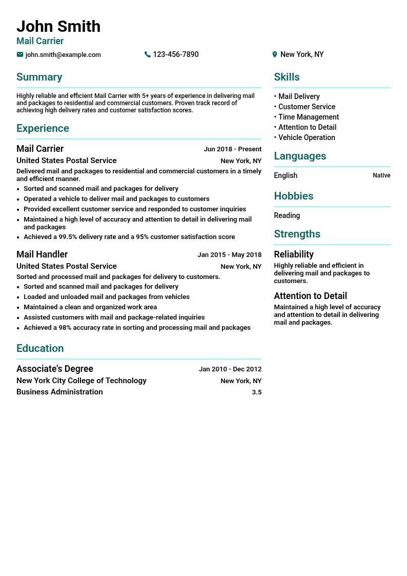 Mail Carrier resume example
