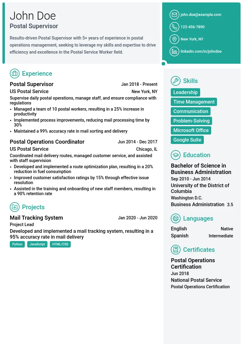 Postal Supervisor resume example