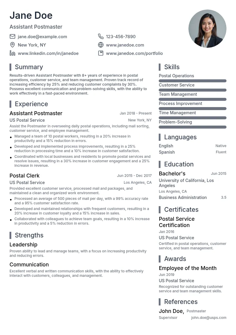 Assistant Postmaster resume example