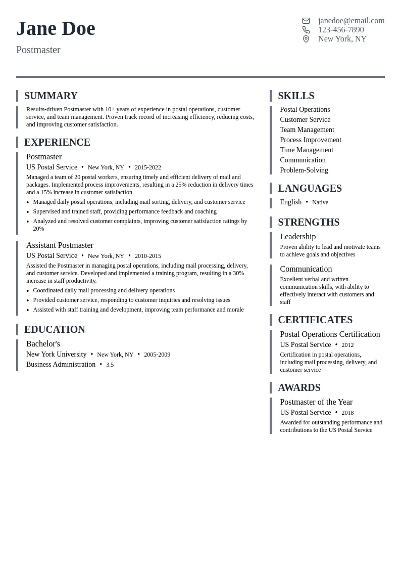 Postmaster resume example