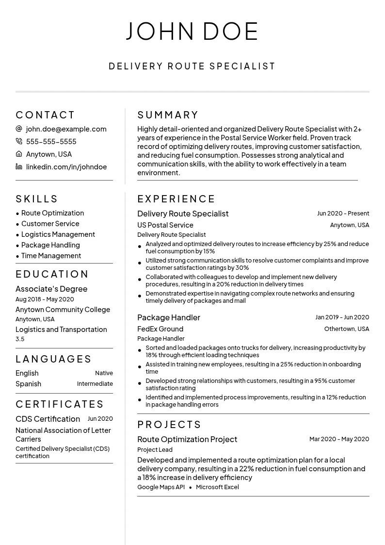 Delivery Route Specialist resume example