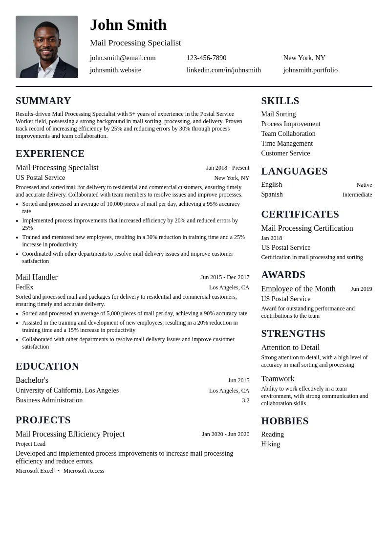 Mail Processing Specialist resume example