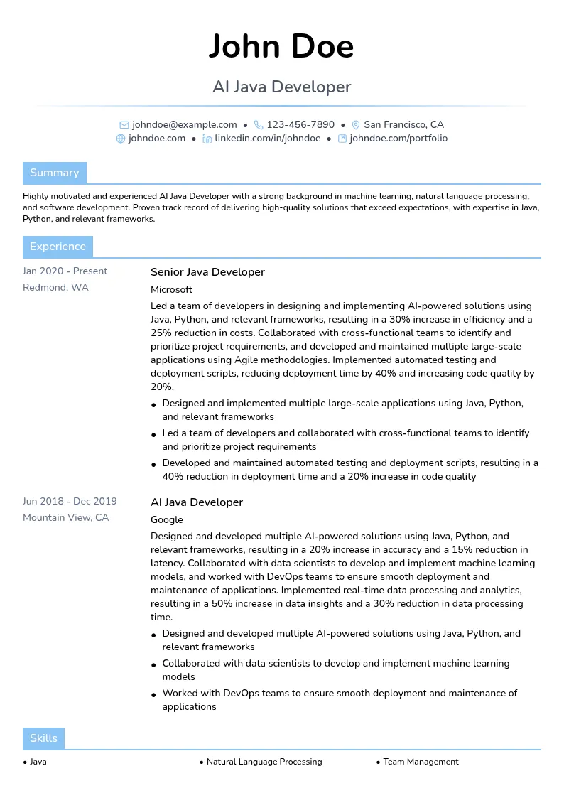 AI Java Developer resume example