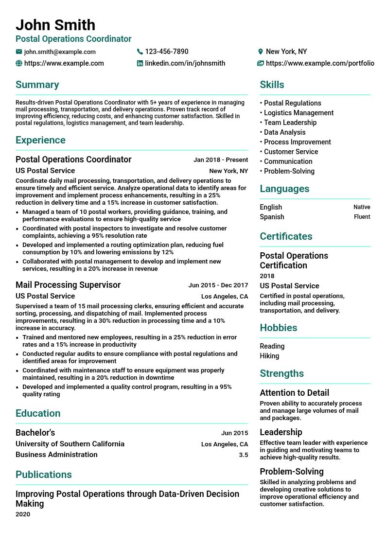 Postal Operations Coordinator resume example