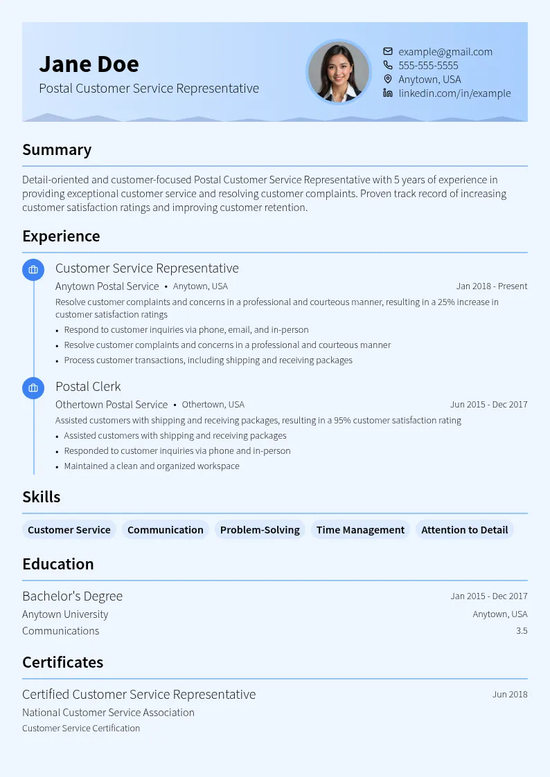 Postal Customer Service Representative resume example
