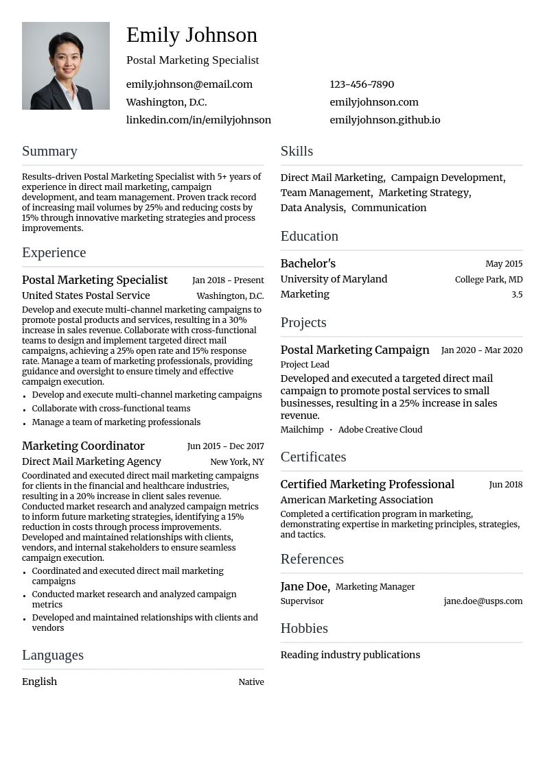 Postal Marketing Specialist resume example