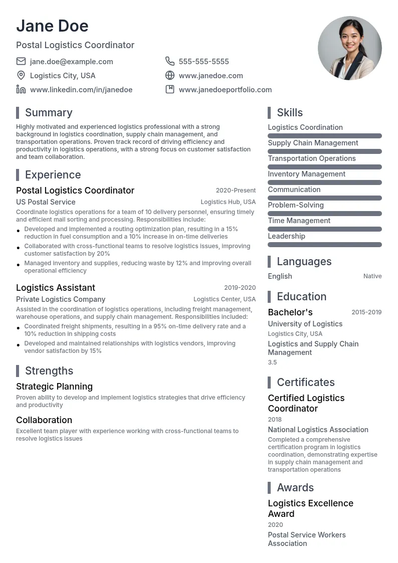 Postal Logistics Coordinator resume example