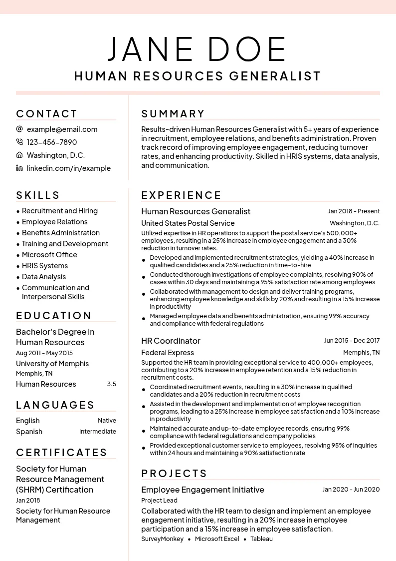 Postal Human Resources Generalist resume example