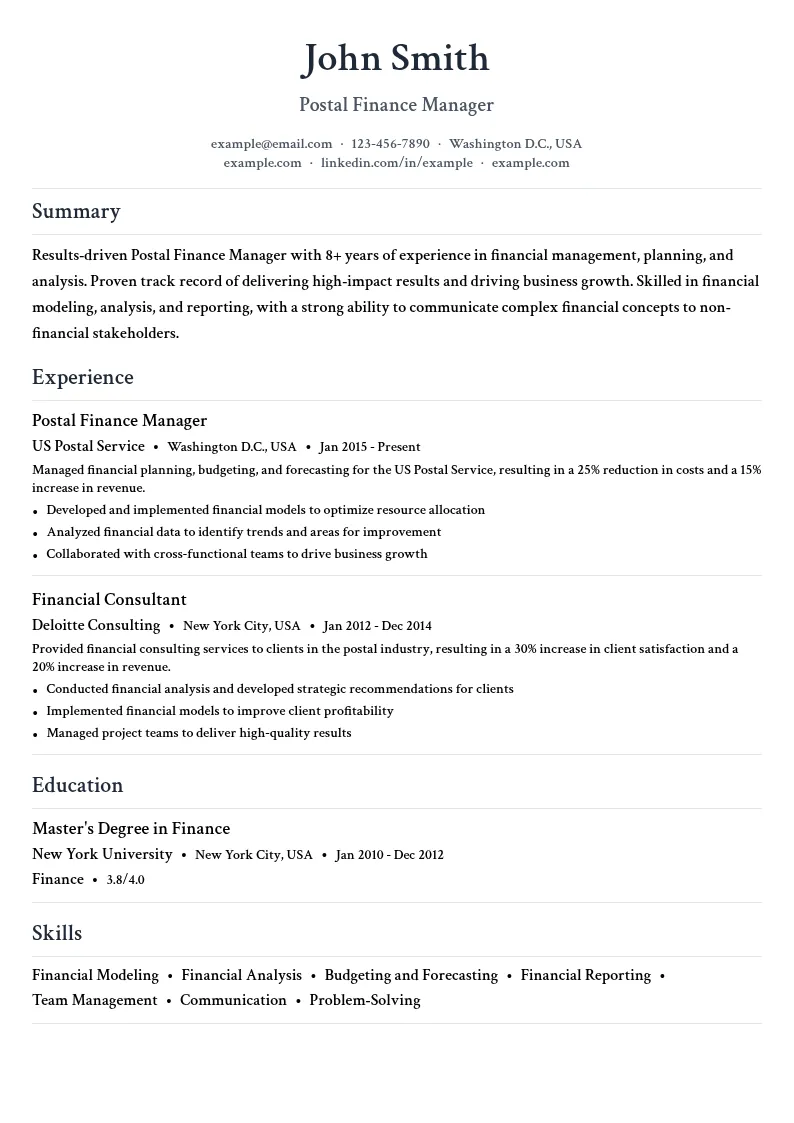 Postal Finance Manager resume example