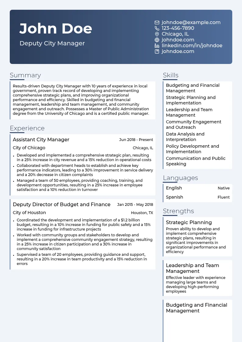 Deputy City Manager resume example