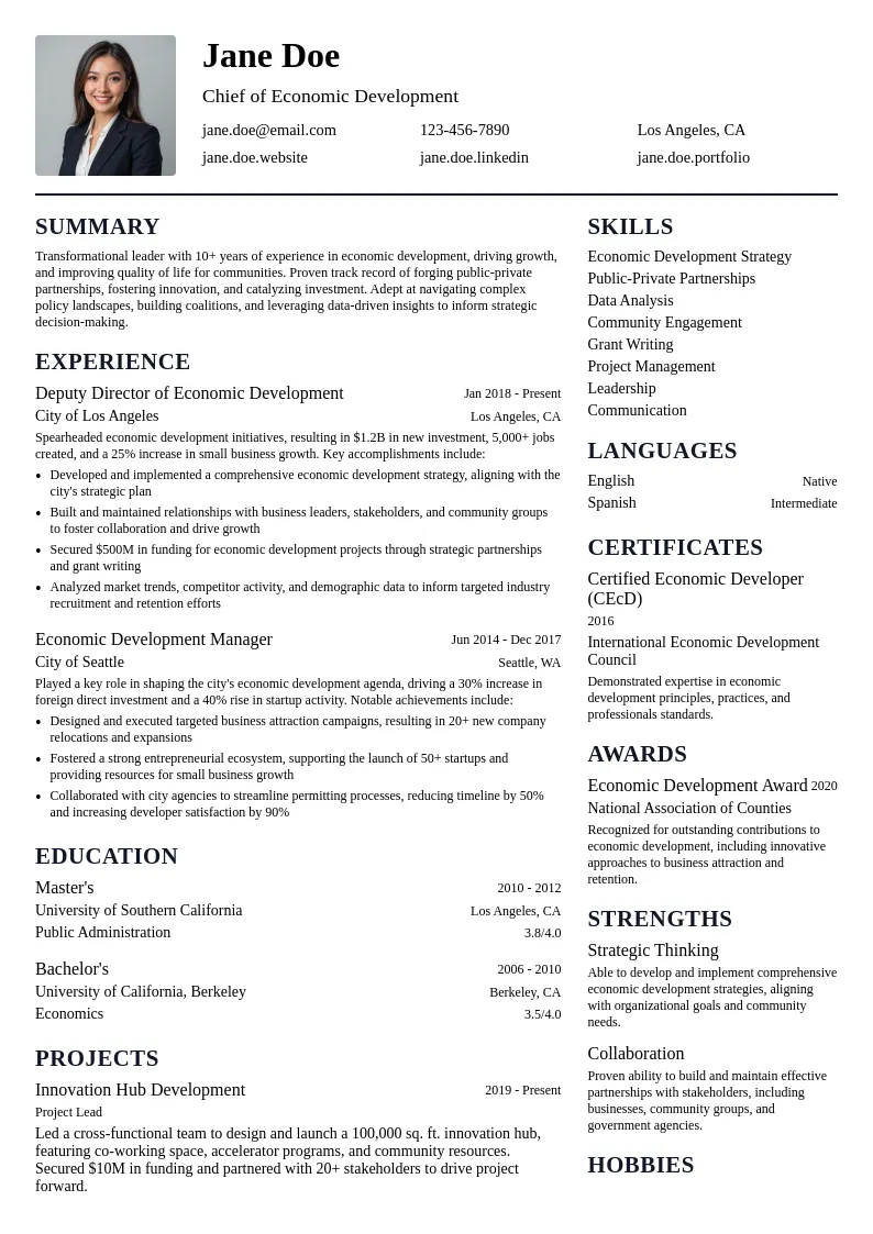 Chief of Economic Development resume example
