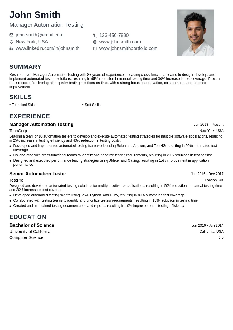 Manager Automation Testing resume example