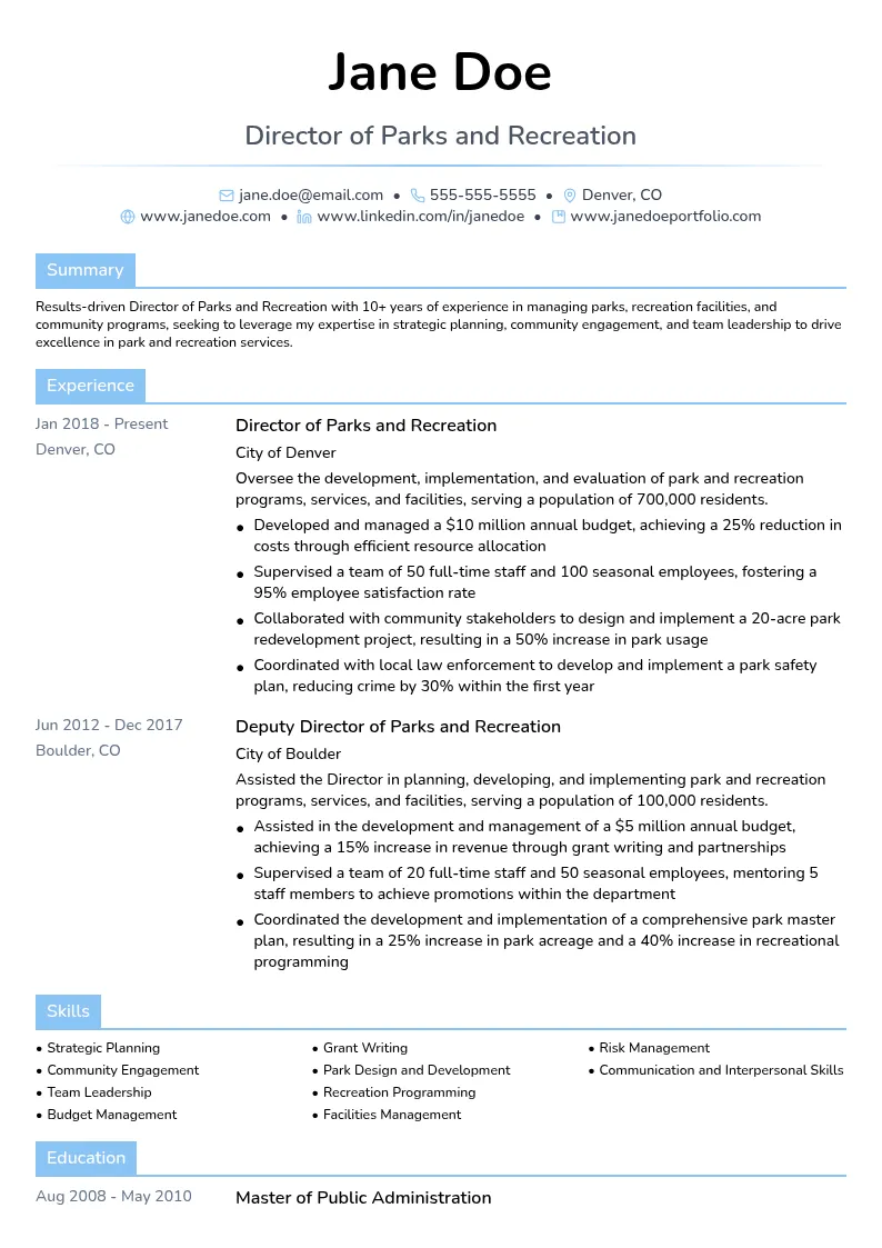 Director of Parks and Recreation resume example