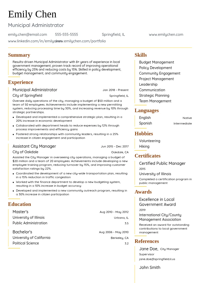 Municipal Administrator resume example