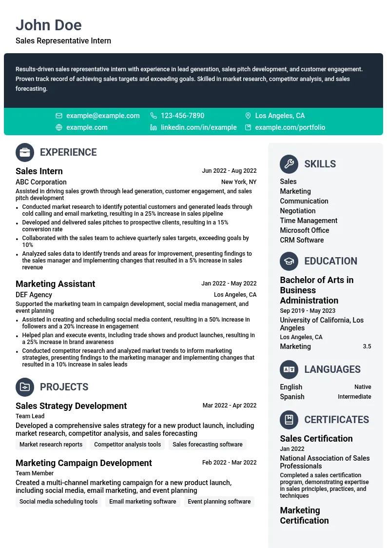 Sales Representative Intern resume example