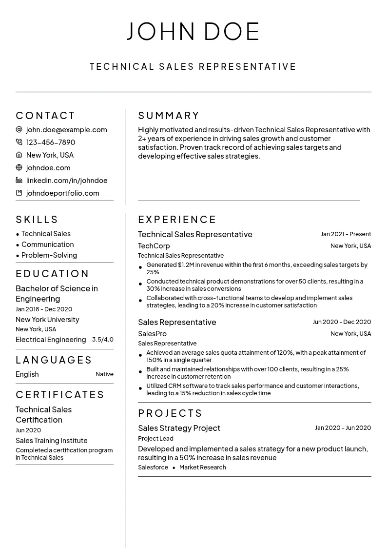 Technical Sales Representative resume example