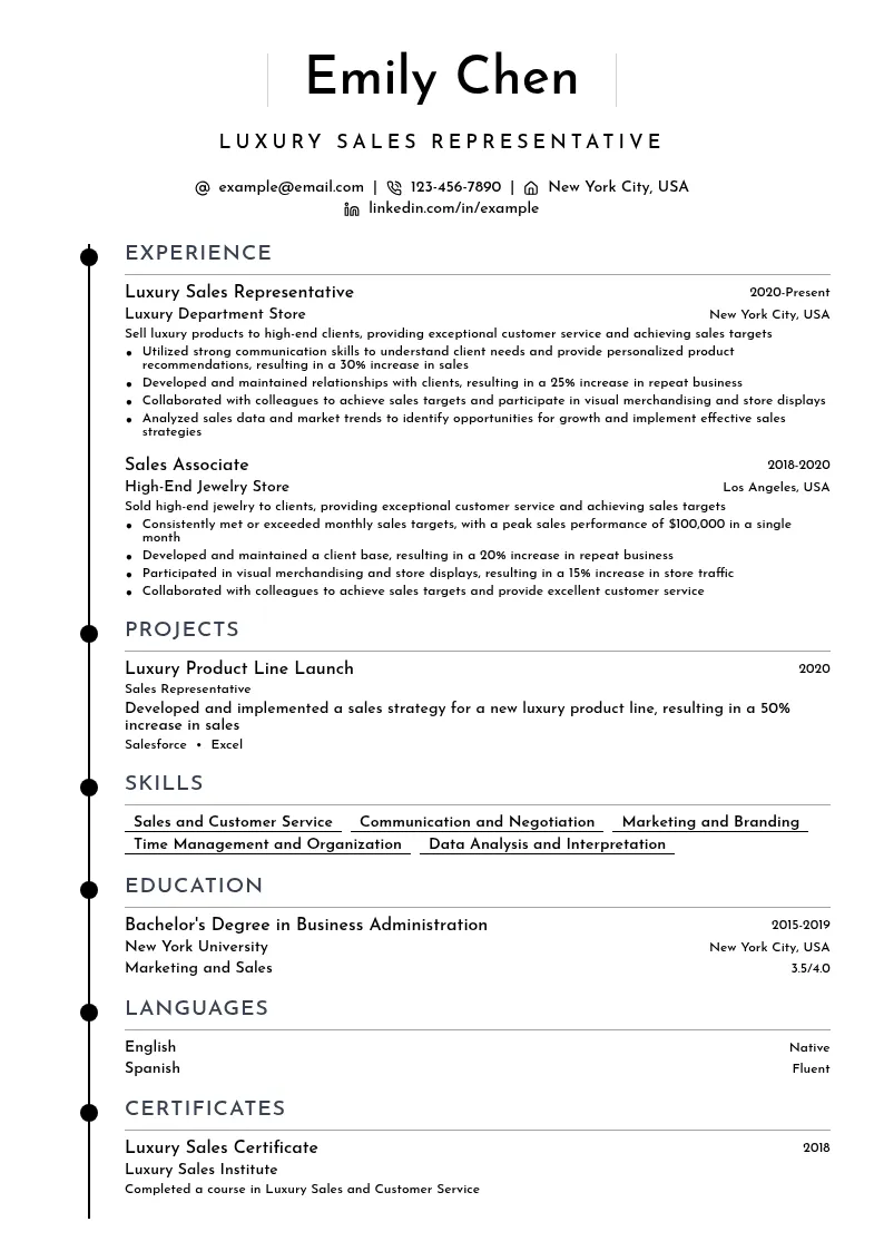 Luxury Sales Representative resume example