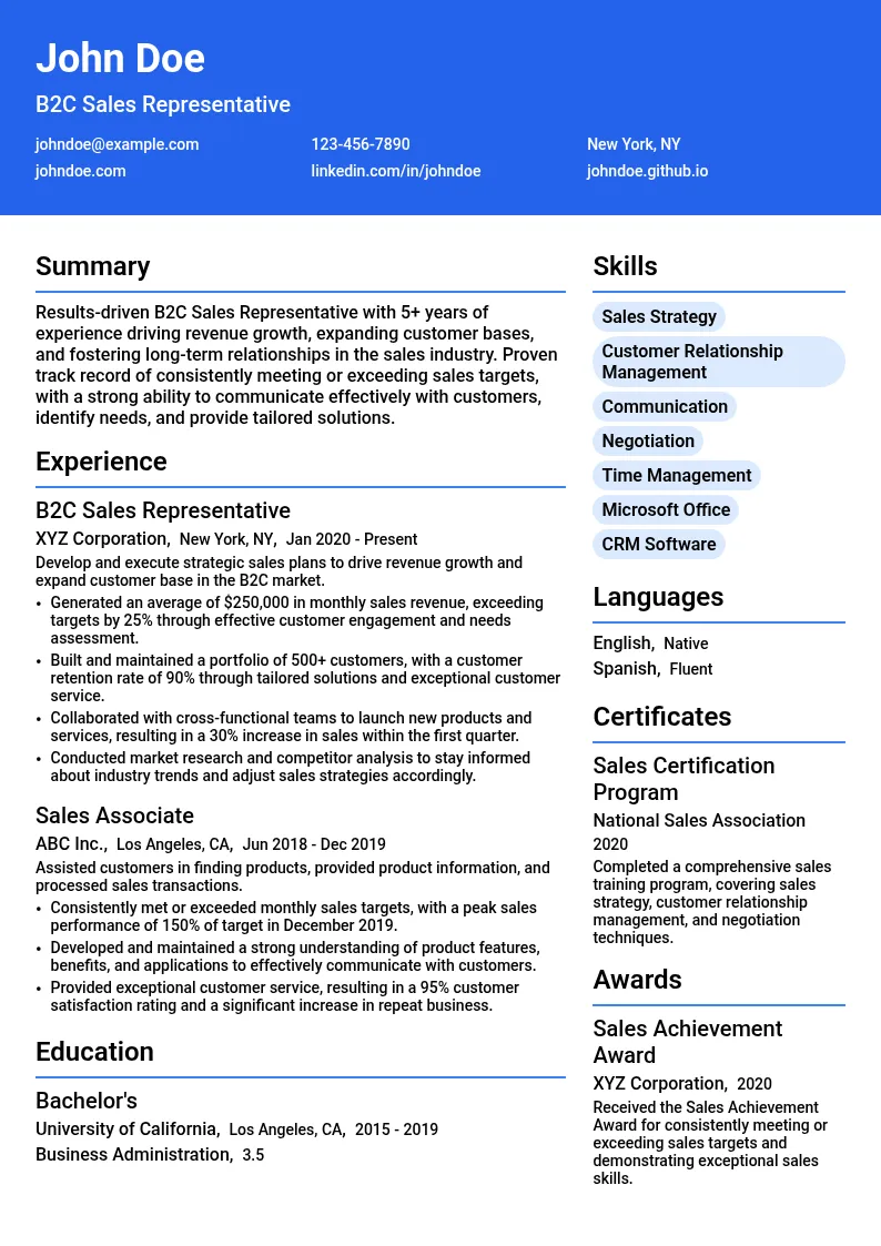 Business-to-Consumer (B2C) Sales Representative resume example