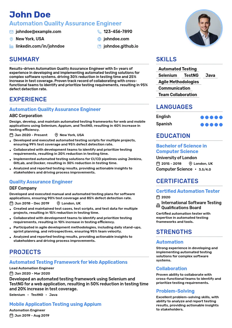 Automation Quality Assurance Engineer resume example