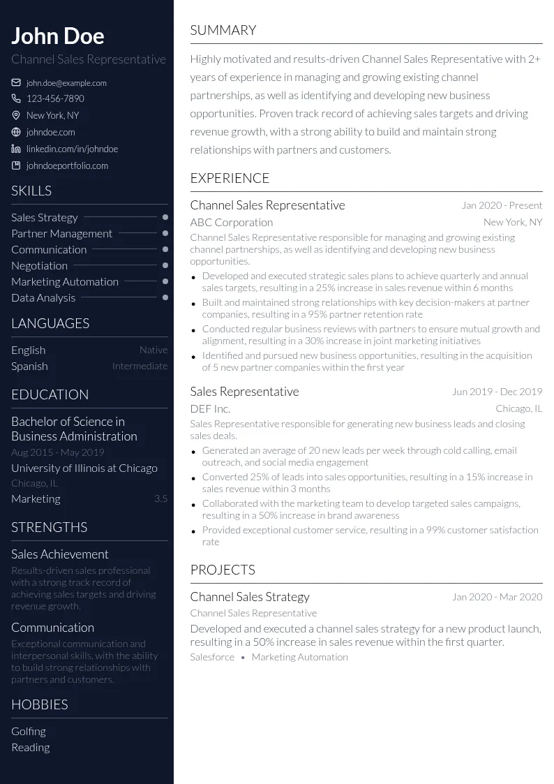 Channel Sales Representative resume example