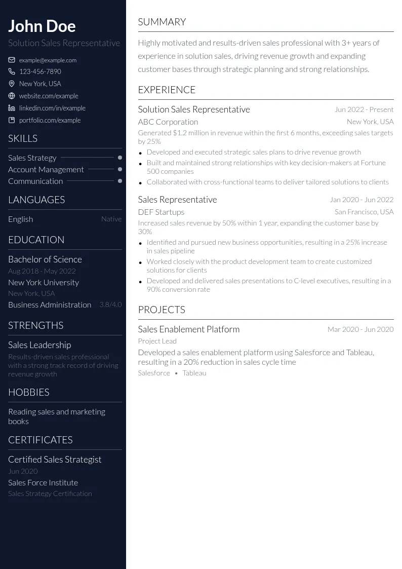 Solution Sales Representative resume example